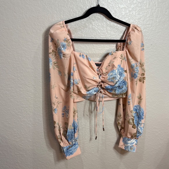 BANJUL Womens Sz S Peach Pink‎ Floral Crop Top Puff Sleeve Romantic Cottagecore - Picture 3 of 8